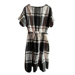 Vintage 1950s Kay Windsor Pinup Linen Plaid Black and White Belted Dress Pockets